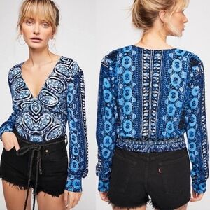 Free People Wild and Free Long Sleeve Blue  Top Size Large